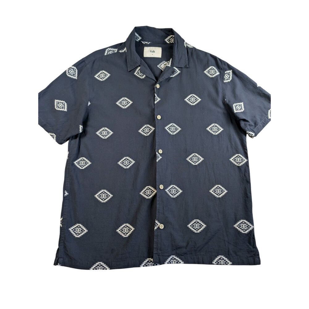 FOLK Clothing Ryder Cotton Embroidered Blue/White Short Sleeve Shirt Mens Medium